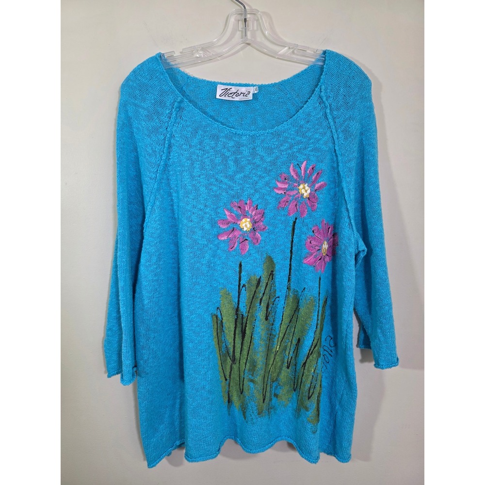 Victoria Womens Sweater Hand‎ Painted Floral Knit Turquoise Blue Raglan Top XL